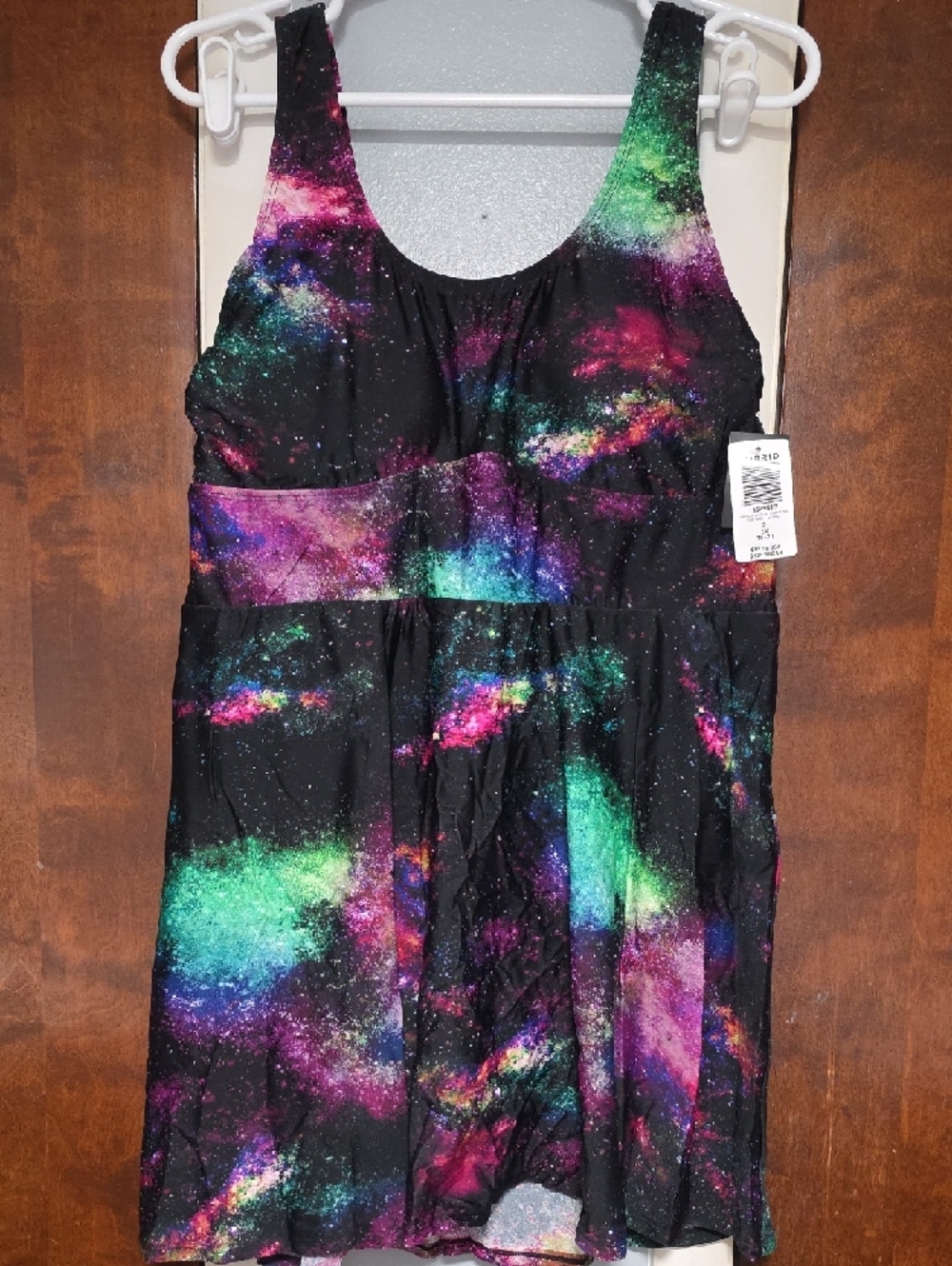 NWT Size 2 Torrid Black Galaxy Print Swimdress with Multicolor Stars